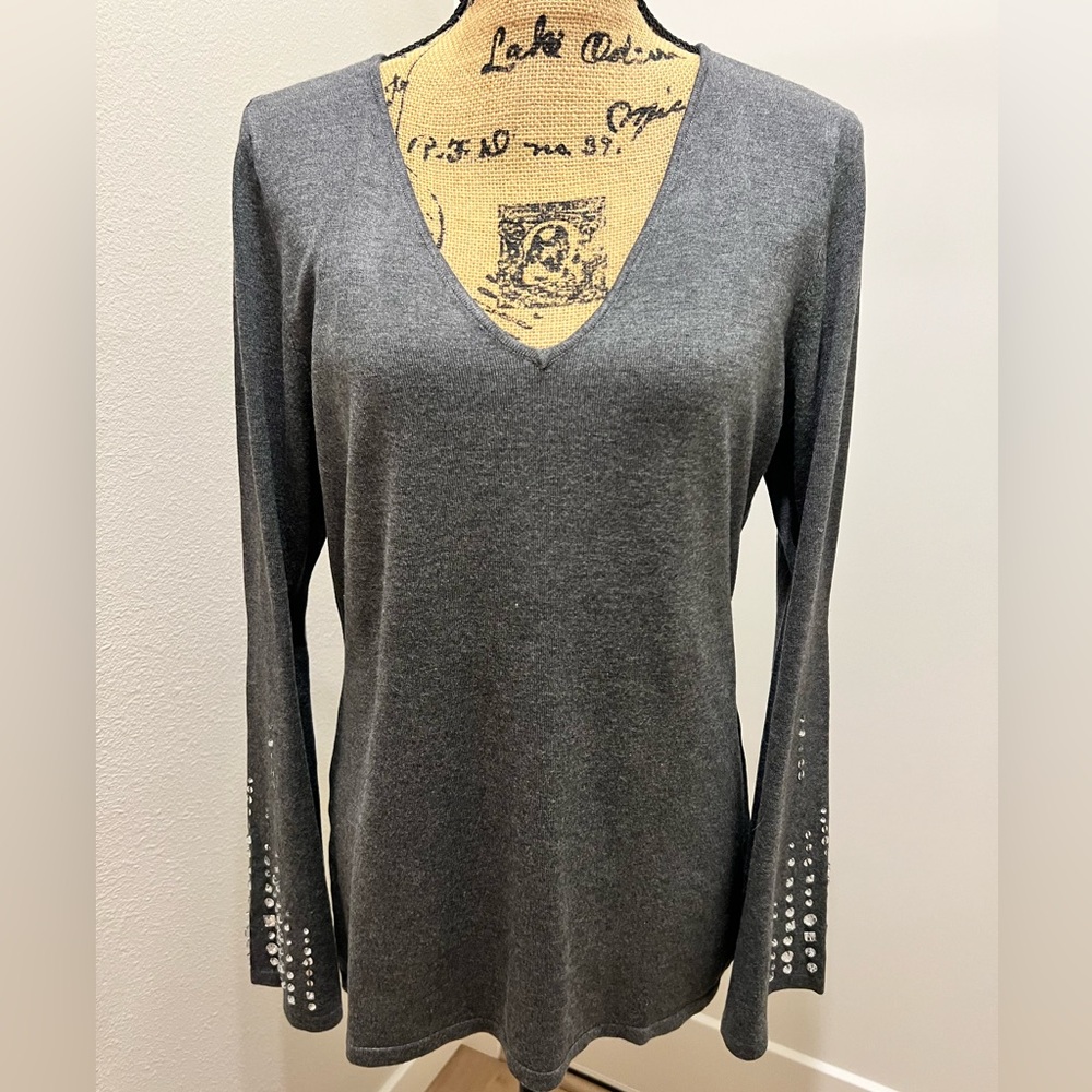 INC International Concepts Charcoal V-Neck Top with Studded Rhinestone Sleeves